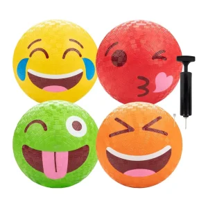 1 4 Pack - 5 Inch Silly Faces Playground Balls w Air Pump - Durable Rubber Balls for Kickball, Dodge Ball, Handball, Four Square, Camp,